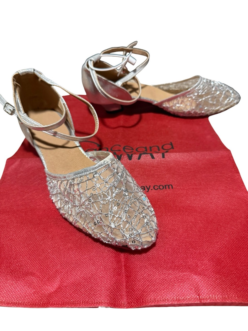 Silver Sequin Ankle-Strap Dance Heels for Women 1 3/4” Heel